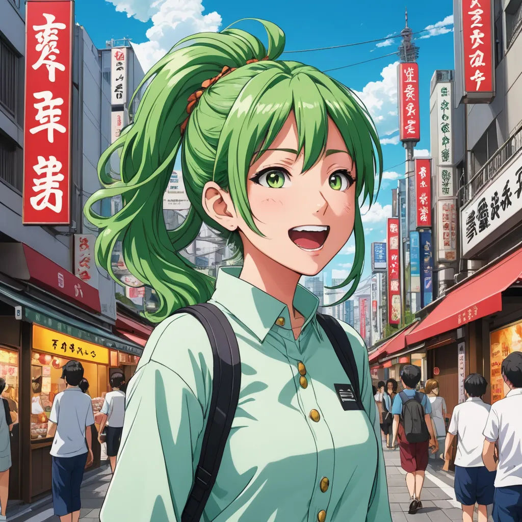a woman with green hair and a backpack on a city street with people walking by and shops on the side of the street, remodernism, a character portrait, Aya Goda, official art