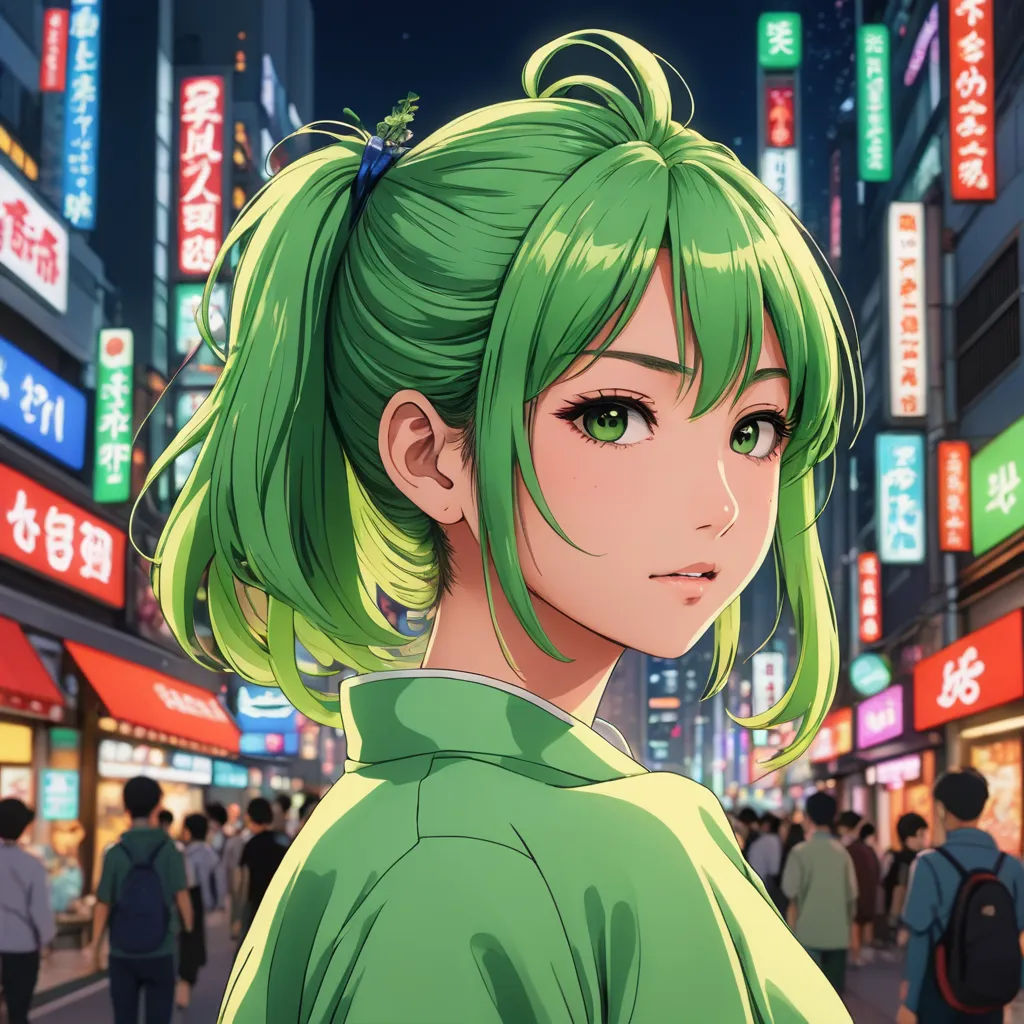 a girl with green hair and green eyes stands in a crowded street in a city at night with neon signs, cloisonnism, a character portrait, Chizuko Yoshida, official art