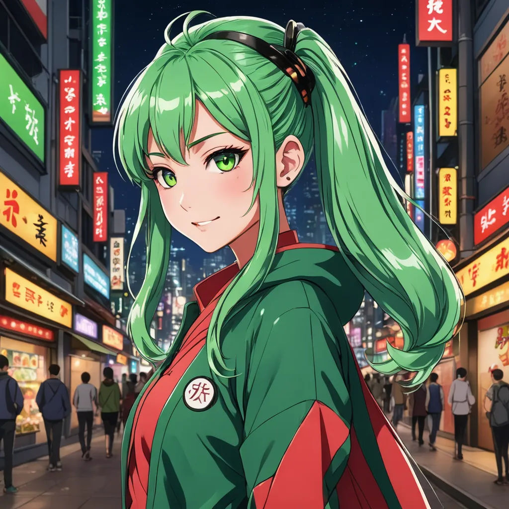 a woman with green hair and green eyes standing in a city at night with neon signs and buildings in the background, cloisonnism, a character portrait, Aya Goda, official art