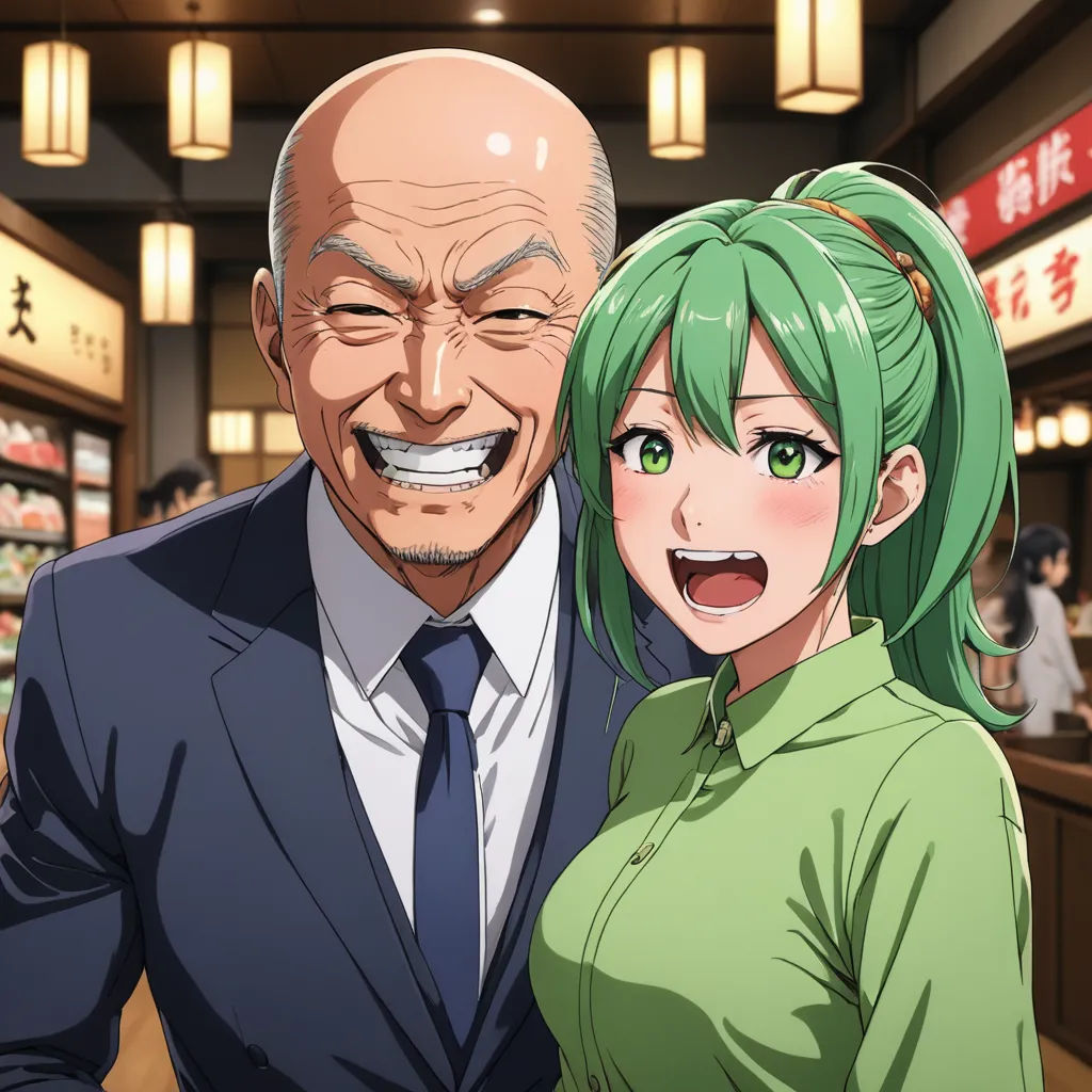 a man and a woman standing in a store together, with a bald head and green hair, smiling, remodernism, a stock photo, Aya Goda, official art
