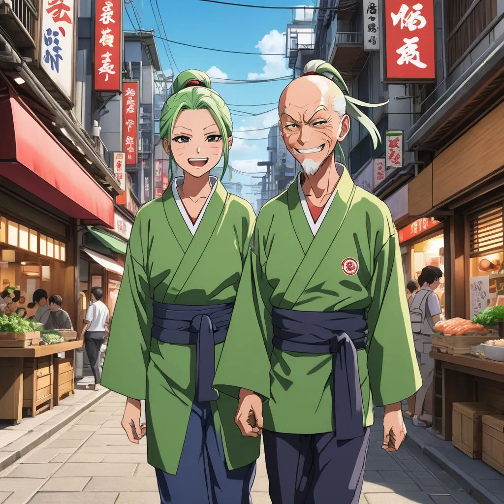 two people in green outfits walking down a street in a city with buildings and signs in the background and a person with a green head scarf on, ukiyo-e, concept art, Aya Goda, official art