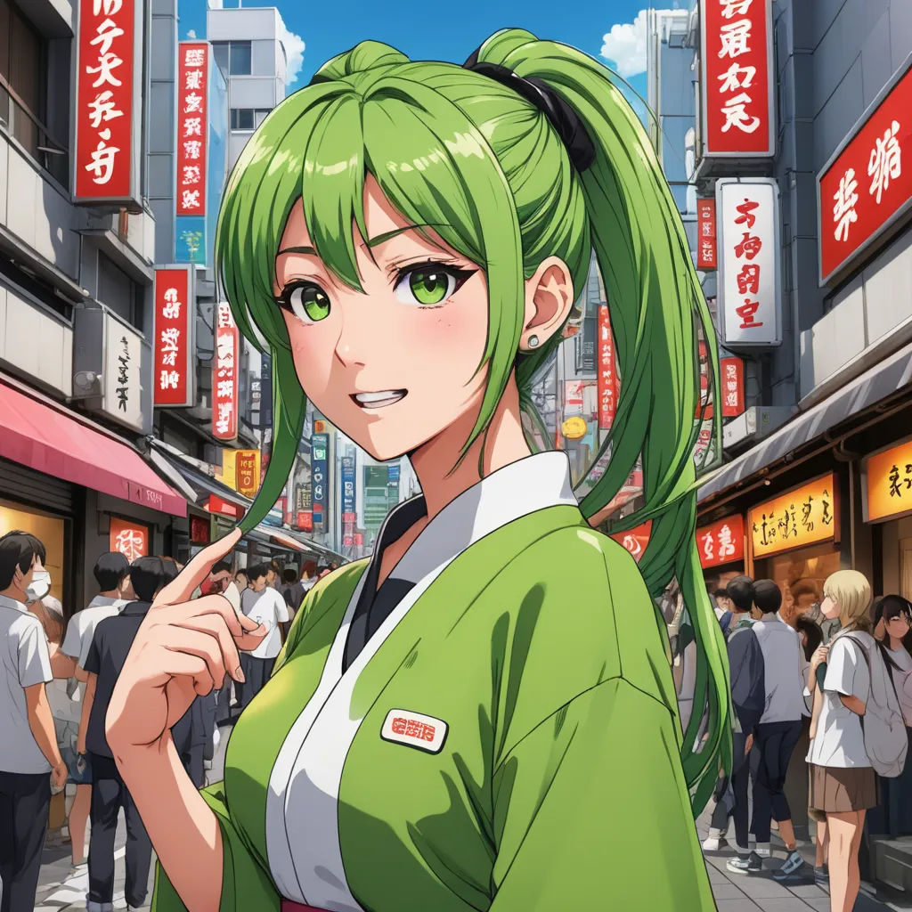 a woman with green hair and green eyes pointing at something in the distance in a city street with people walking around, lyco art, a character portrait, Aya Goda, official art