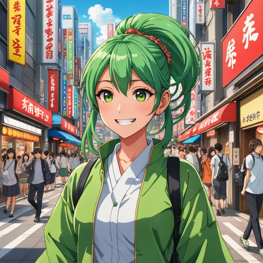 a woman with green hair and a green jacket on a city street with people walking around her and buildings in the background, remodernism, a character portrait, Aya Goda, city background