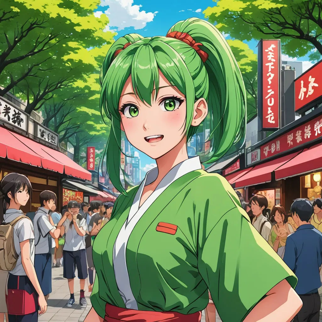 a woman with green hair standing in front of a crowd of people in a city street with trees and buildings, remodernism, a character portrait, Aya Goda, official art