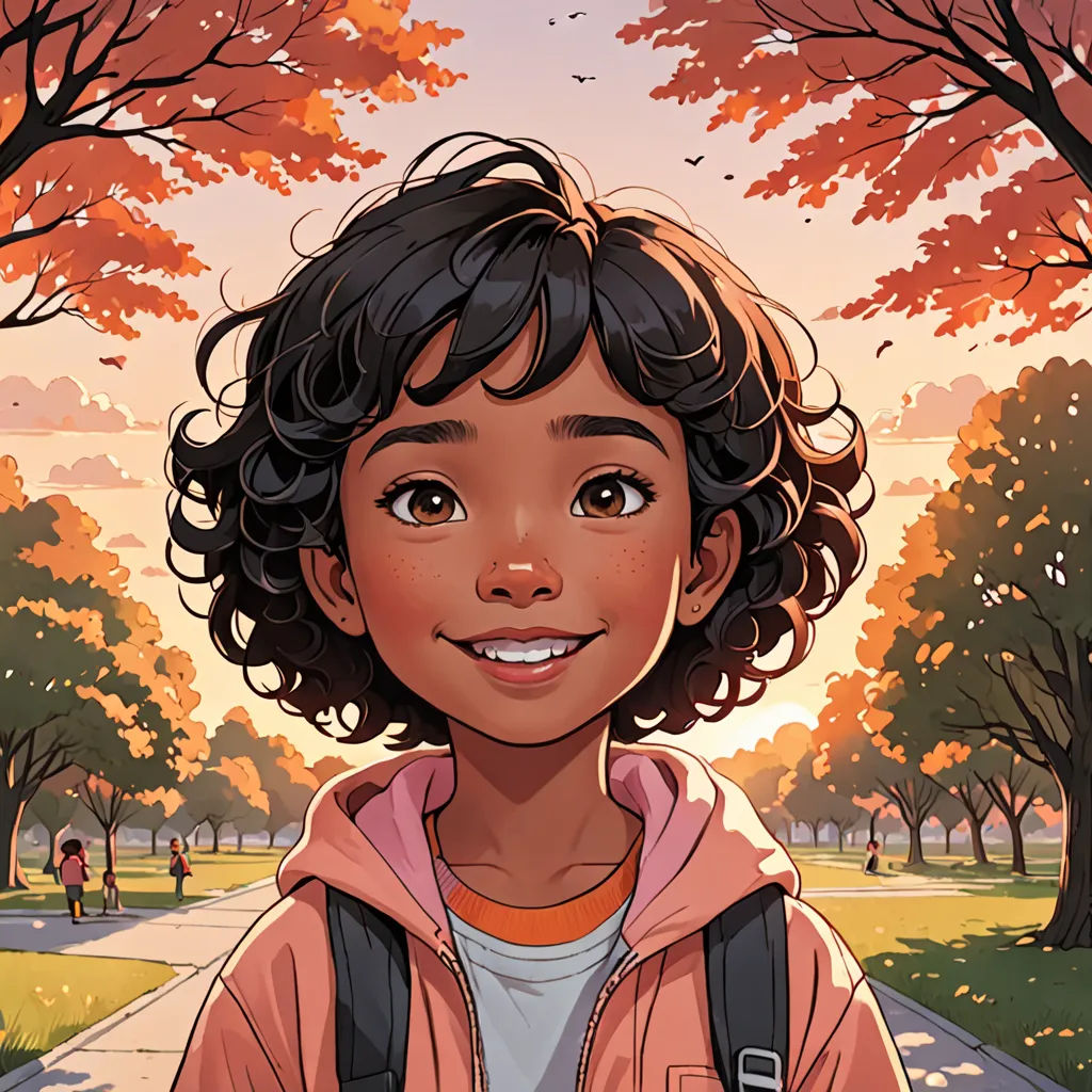 a cartoon of a young girl standing in a park with trees and a path in the background with a person walking, vancouver school, a comic book panel, Cliff Childs, comic cover art