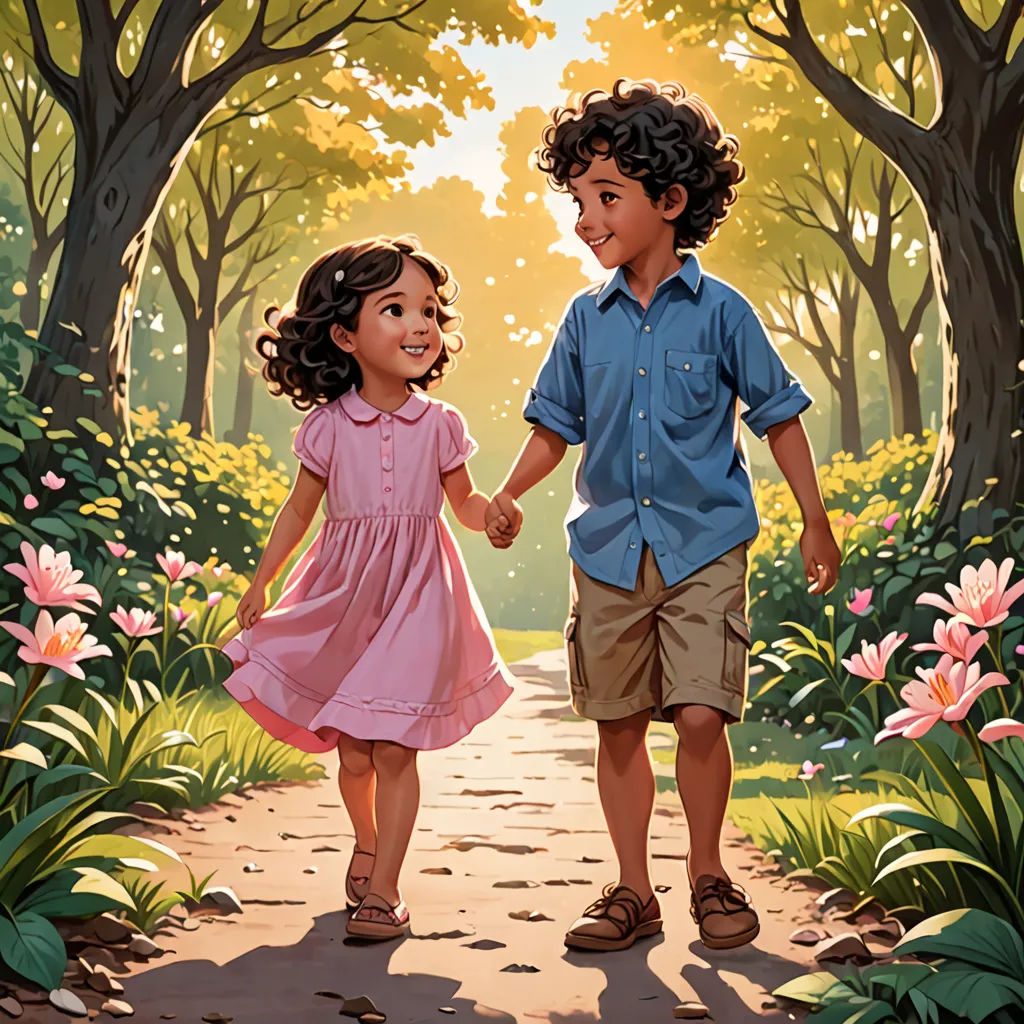 a painting of two children walking down a path holding hands and smiling at each other with trees and flowers in the background, american scene painting, a storybook illustration, Brothers Hildebrandt, official art