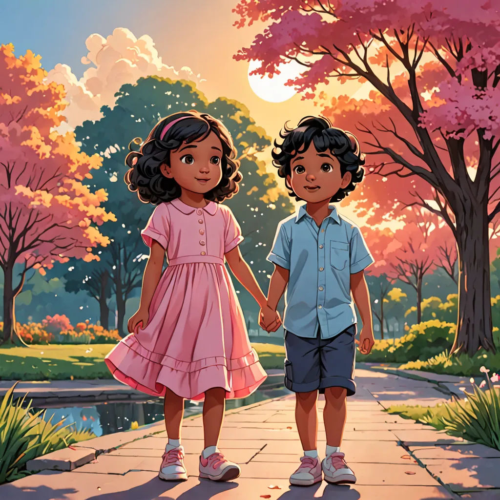 a couple of kids holding hands walking down a sidewalk next to a lake and trees with pink flowers on it, american scene painting, a storybook illustration, Chris LaBrooy, official art