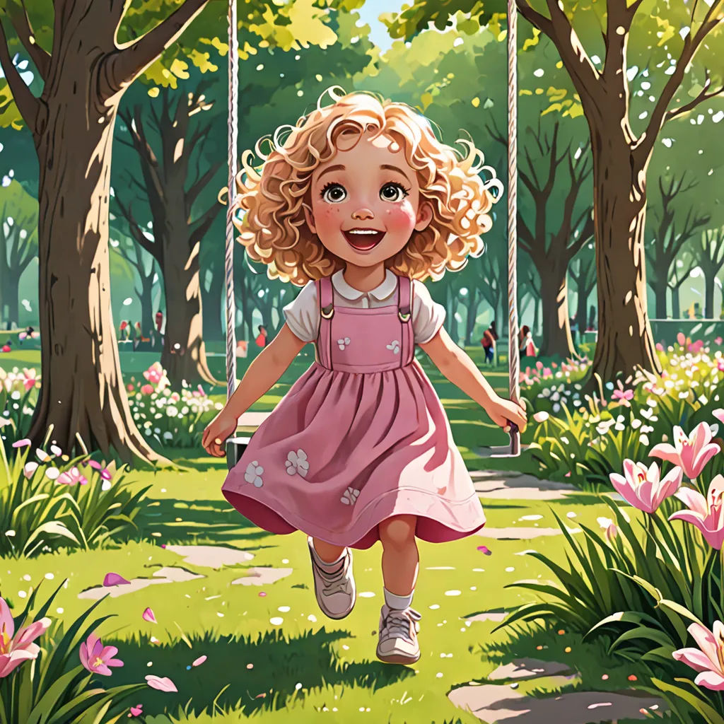 a little girl in a pink dress is running through a park with a swing set in the background and flowers all around, american scene painting, a storybook illustration, Diego Gisbert Llorens, storybook illustration