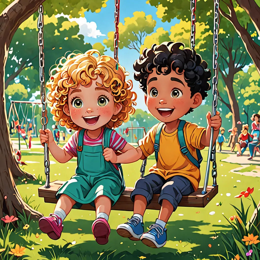a couple of kids sitting on a swing in a park together, with a swing set in the background, naive art, a storybook illustration, Andrey Esionov, storybook illustration