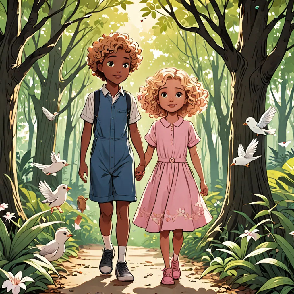 a couple of kids walking down a forest path holding hands and birds flying around them, with trees and birds in the background, magical realism, a storybook illustration, Anne Said, official art