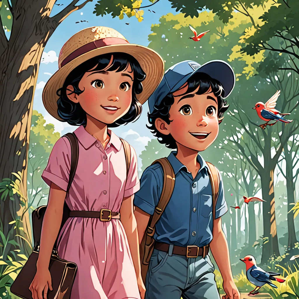 a boy and a girl are walking through the woods together, with birds flying around them and a bird in the background, process art, a storybook illustration, Cliff Childs, comic cover art
