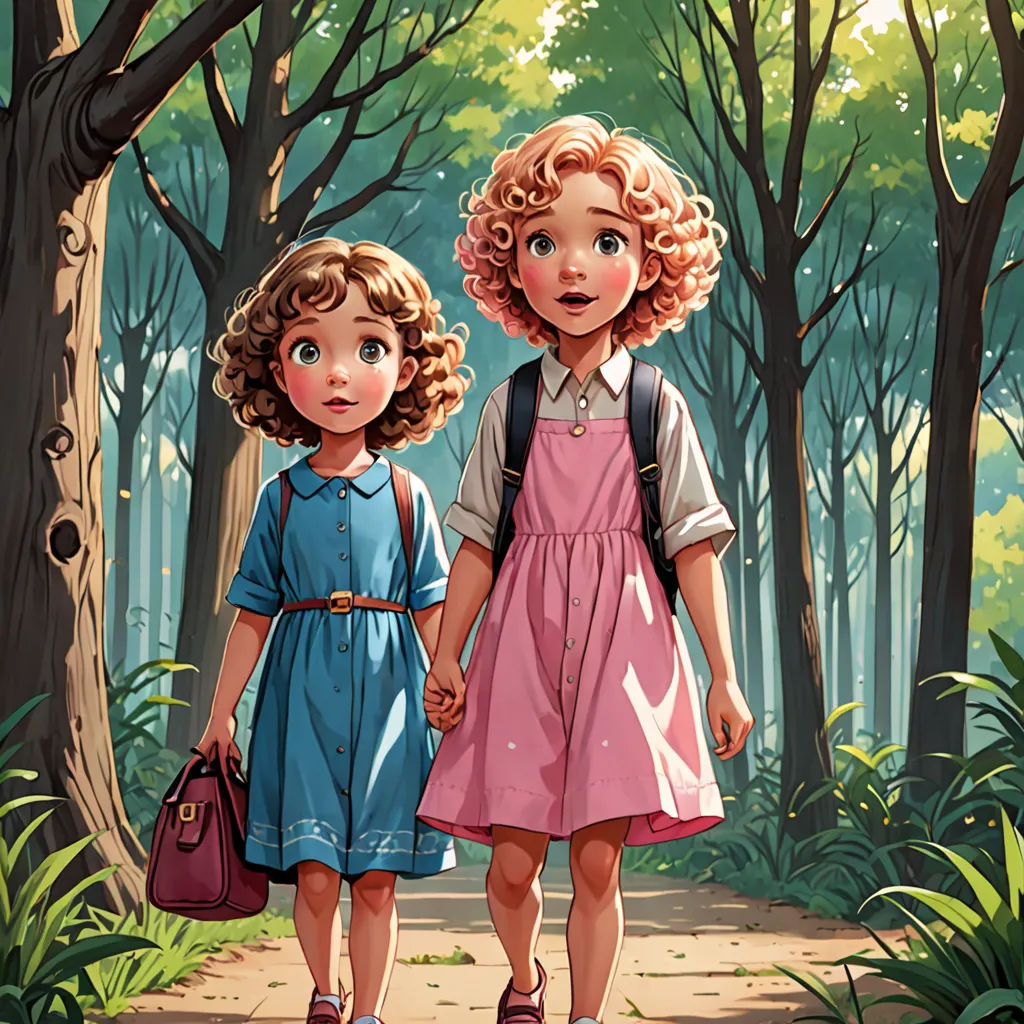 two children walking in the woods holding hands and looking at something in the distance with trees in the background, serial art, a storybook illustration, Brothers Hildebrandt, storybook illustration