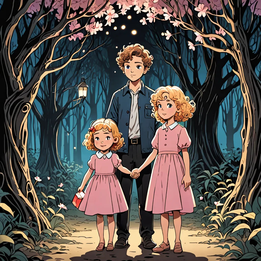 a man and two girls holding hands in a forest with a lantern in the background and a man standing behind them, serial art, a storybook illustration, Anne Said, official art