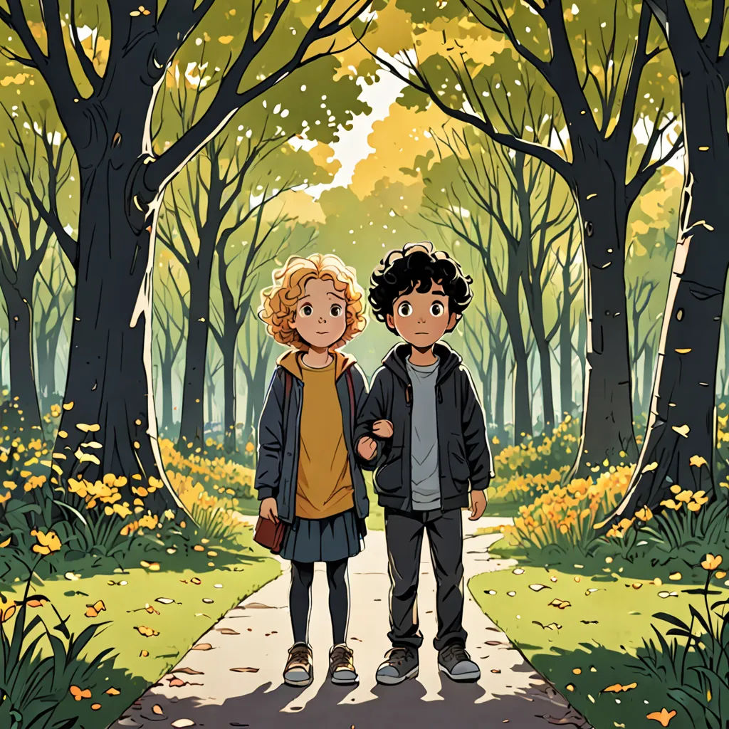 a couple of people standing on a path in a forest with trees and leaves on the ground and a path leading to the woods, private press, a storybook illustration, Felix-Kelly, official art