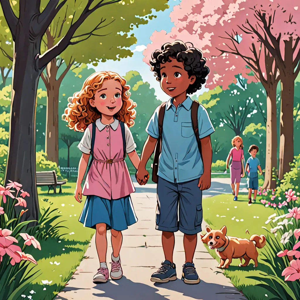 a couple of kids walking down a sidewalk next to a park with flowers and trees on both sides of the path, paris school, a storybook illustration, Diego Gisbert Llorens, book cover