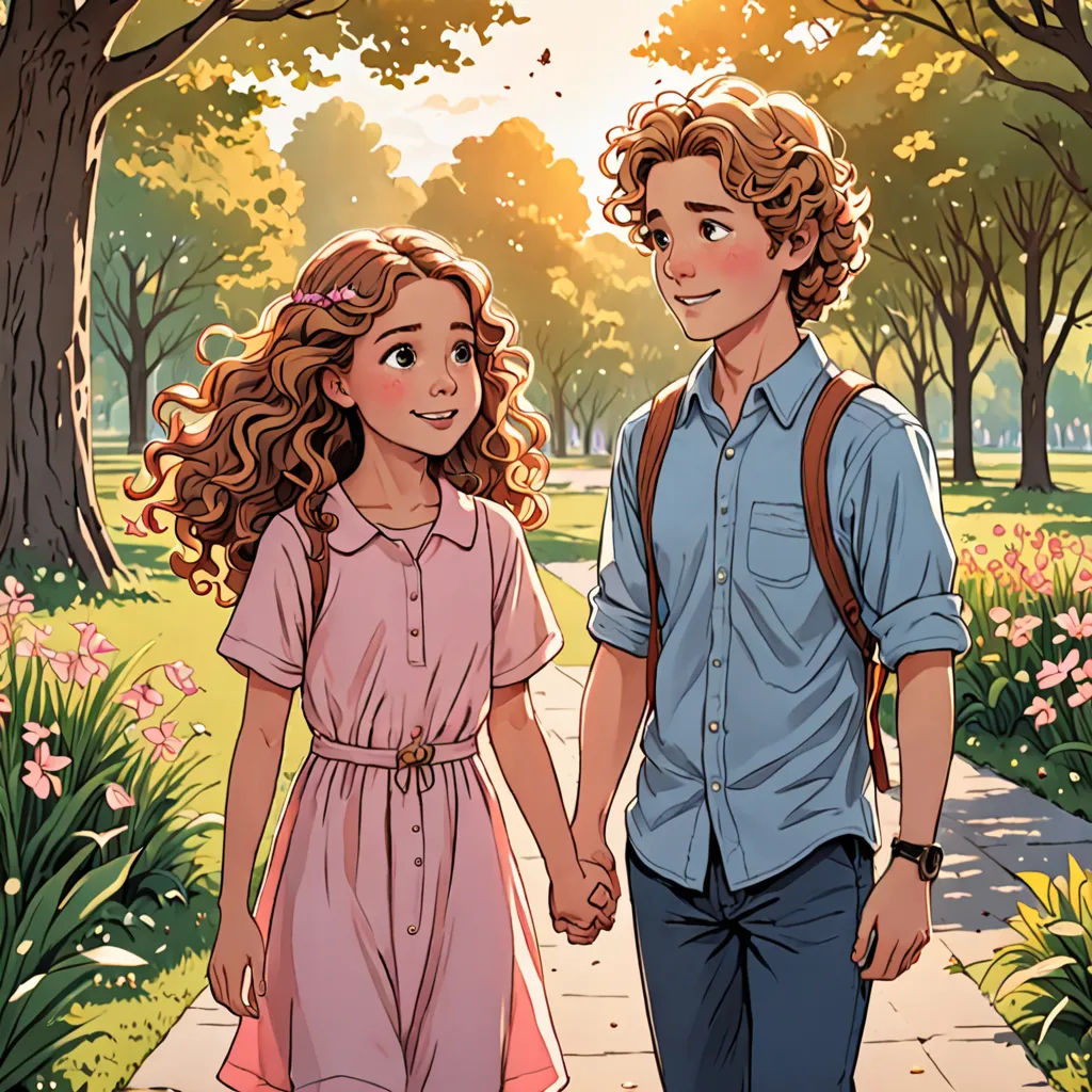 a man and a woman walking down a sidewalk holding hands and smiling at each other, with trees and flowers in the background, serial art, a storybook illustration, Colin Middleton, comic cover art