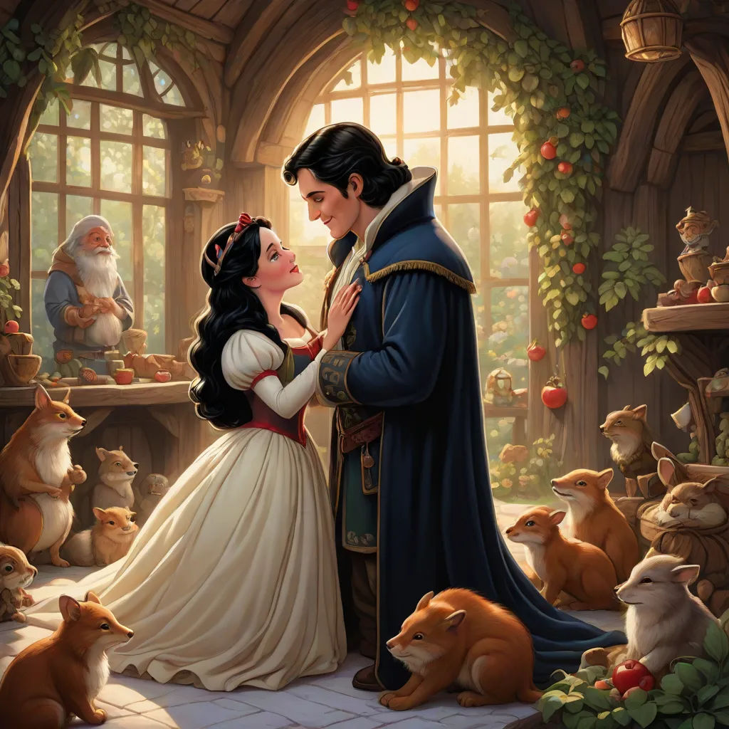 a painting of a man and woman in a fairy tale surrounded by animals and bears, with a man in a blue coat and a woman in a white dress, fantasy art, a storybook illustration, disney, storybook illustration