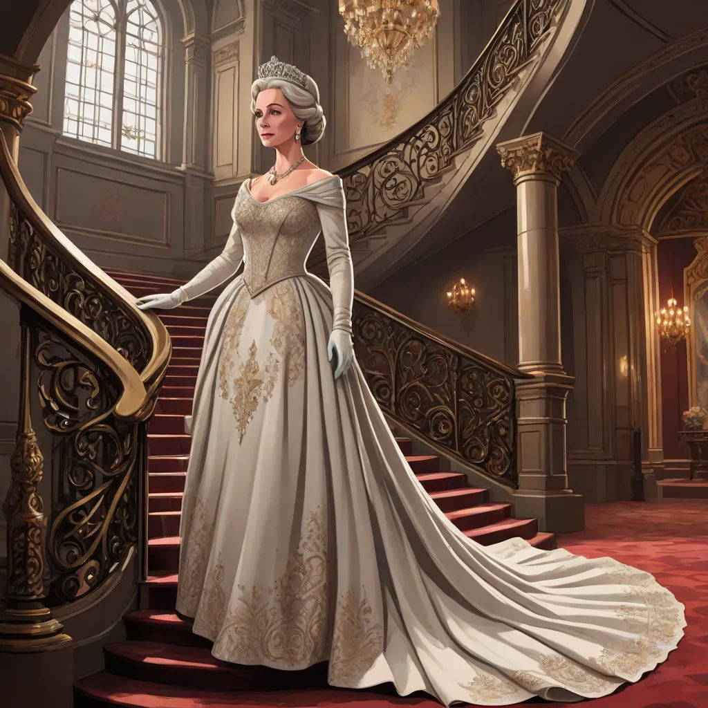 a woman in a white dress standing on a staircase in a palace like setting with a chandelier, sots art, an ultrafine detailed painting, Charlie Bowater, cushart krenz