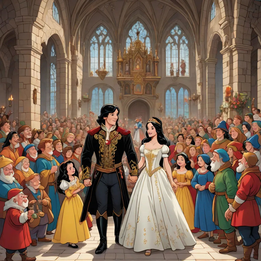 a painting of a man and woman in a wedding dress surrounded by people in a church with a crowd of people, fantasy art, a storybook illustration, Brothers Hildebrandt, storybook illustration