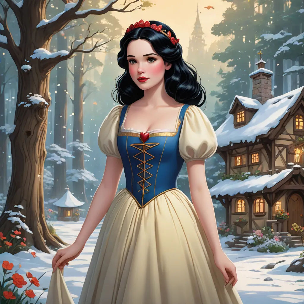 a painting of a snow princess in a snowy forest with a house in the background and a bird flying overhead, fantasy art, a storybook illustration, Aramenta Dianthe Vail, kinkade
