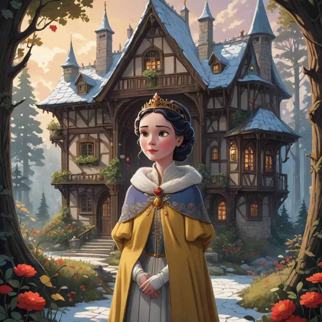 a painting of a woman in a yellow dress standing in front of a house with a snow covered roof, fantasy art, a storybook illustration, Chris LaBrooy, storybook illustration