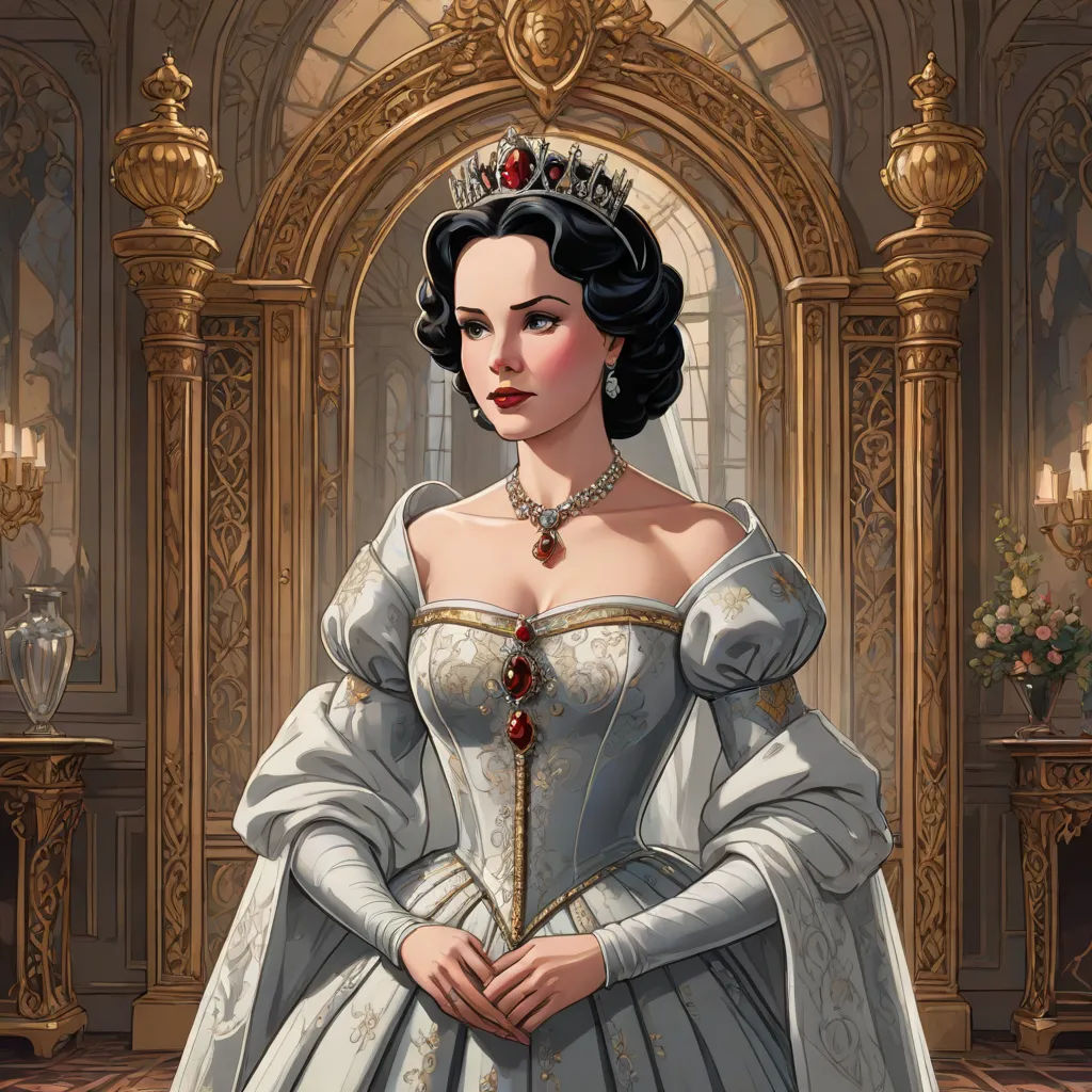 a woman in a white dress and tiara standing in a room with a chandelier and chandeliers, gothic art, a detailed painting, Anne Stokes, kinkade