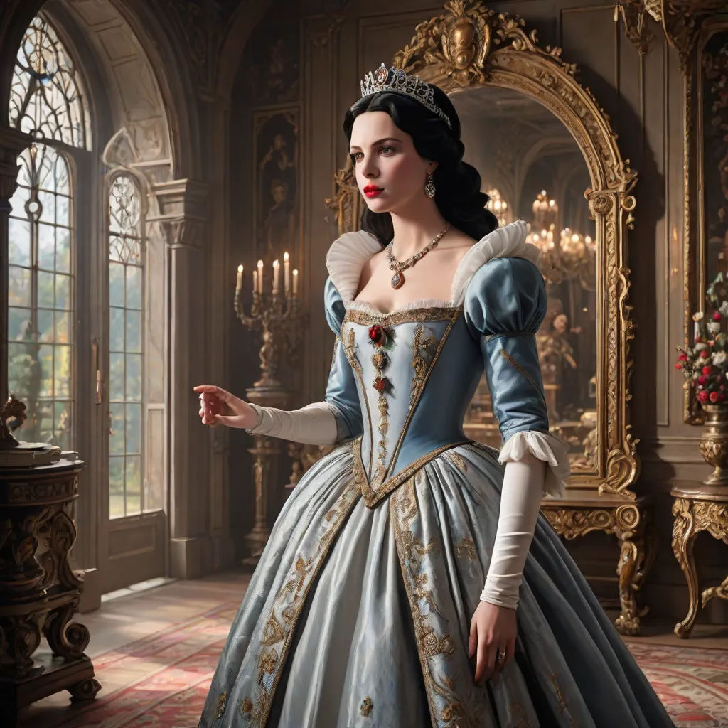 a woman in a blue dress standing in a room with a mirror and a gold framed mirror behind her, gothic art, a detailed matte painting, Aramenta Dianthe Vail, promotional image
