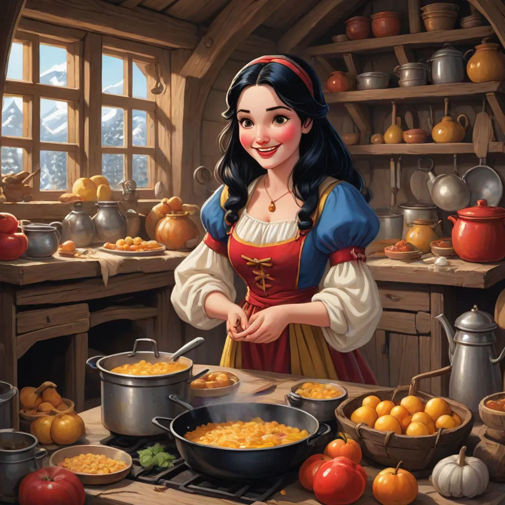 a painting of a snow princess cooking food in a kitchen with a lot of pots and pans on the table, fantasy art, a storybook illustration, disney, kinkade