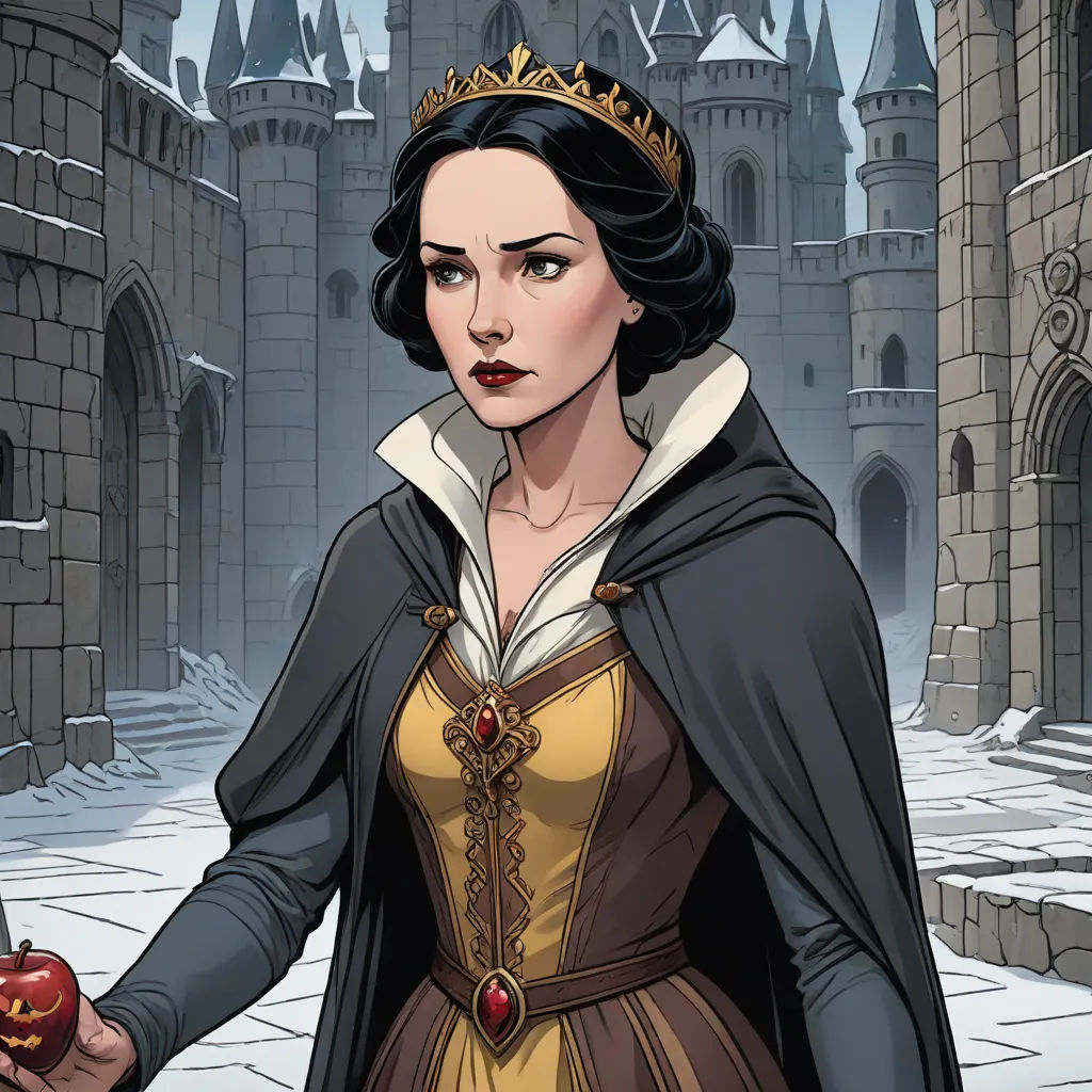 a woman in a dress and crown holding an apple in front of a castle with a clock on it, gothic art, a comic book panel, Cedric Peyravernay, official art