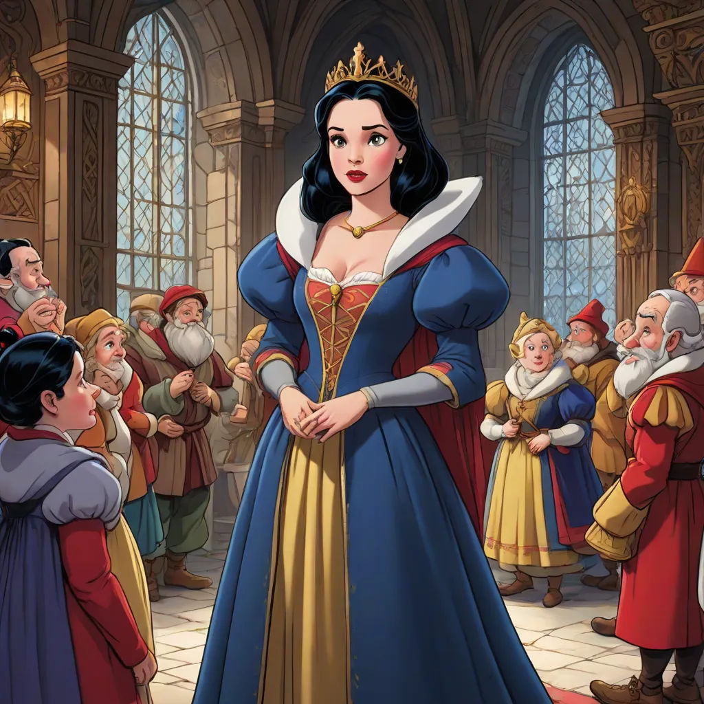 a cartoon of a woman in a blue dress surrounded by people in a castle like setting with a clock, fantasy art, a storybook illustration, Brothers Hildebrandt, storybook illustration