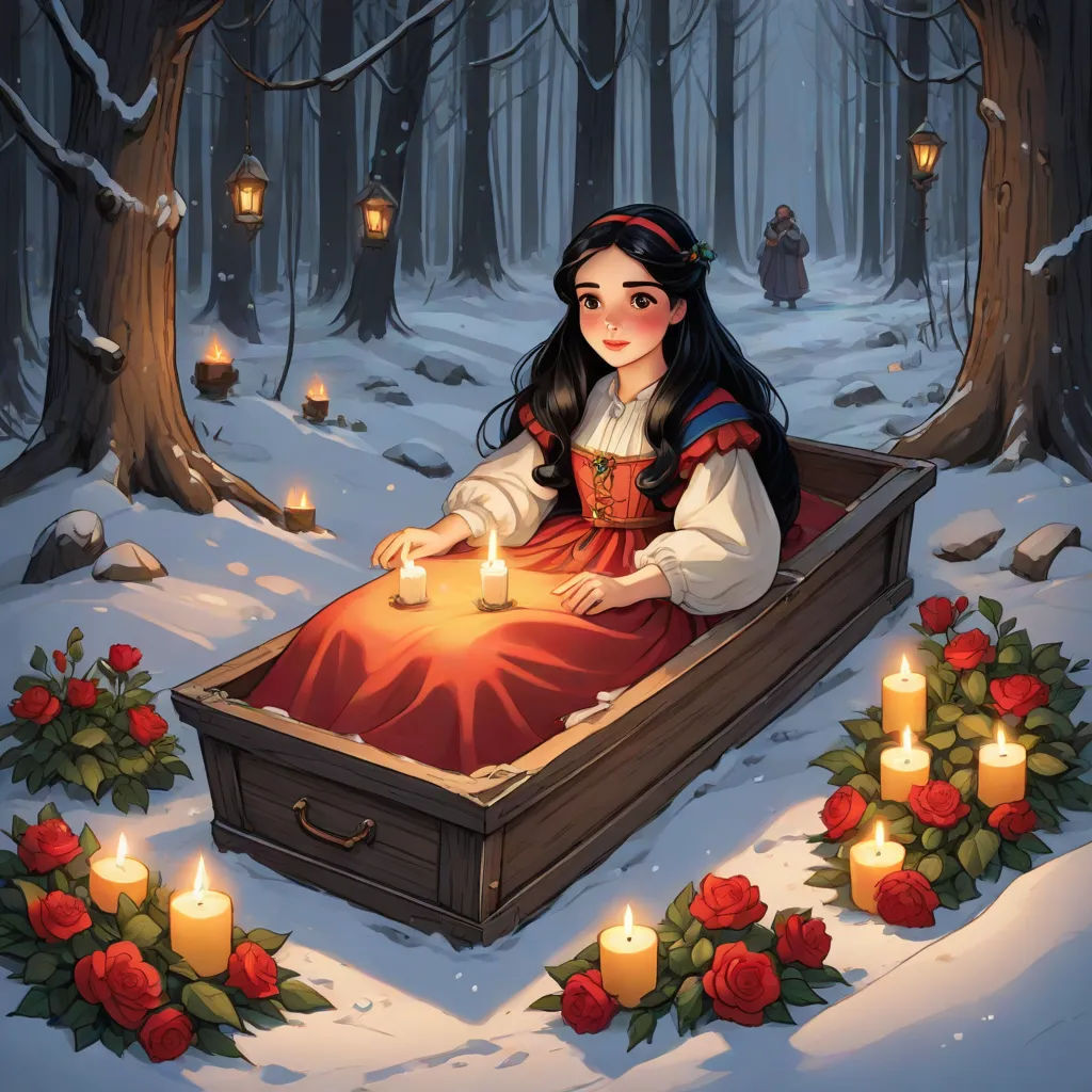 a girl in a red dress sitting in a box with candles in the snow in front of her and a forest with roses, gothic art, a storybook illustration, Cyril Rolando, rossdraws global illumination