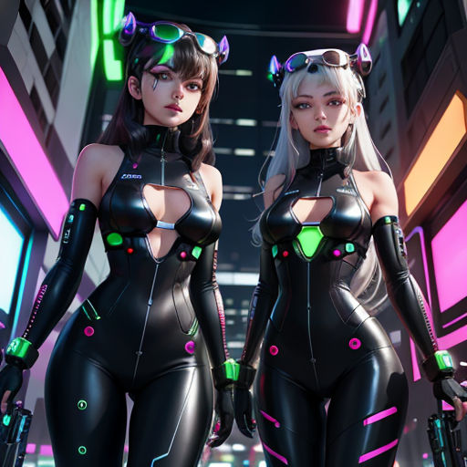 two women in futuristic outfits with guns in a city setting with neon lights and neon signs on the walls