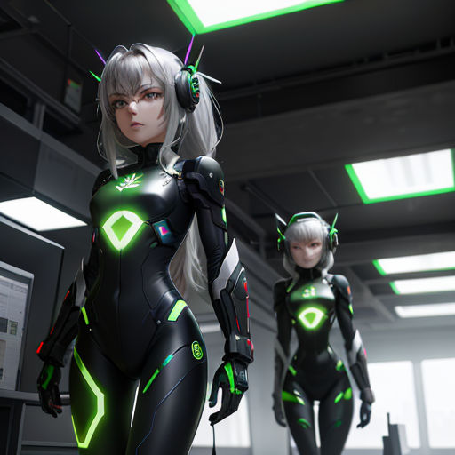two futuristic women in a sci - fi fi fi environment, one in a black suit and the other in a green neon suit