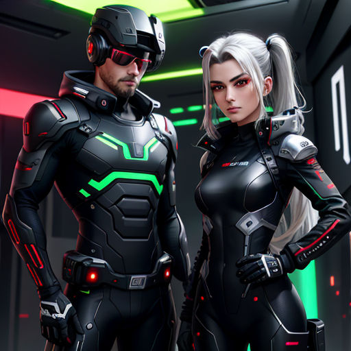 a man and a woman in futuristic suits standing next to each other in a room with neon lights on