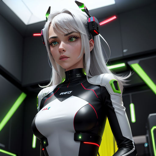 a woman in a futuristic suit with headphones on her head and a neon green light behind her head