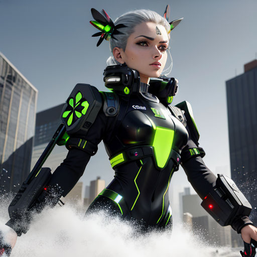 a woman in a futuristic suit holding a gun in a city setting with buildings in the background and a cloud of smoke