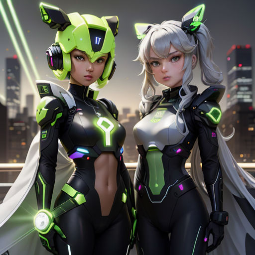 two women in futuristic outfits standing next to each other in front of a city skyline at night with green and yellow lights