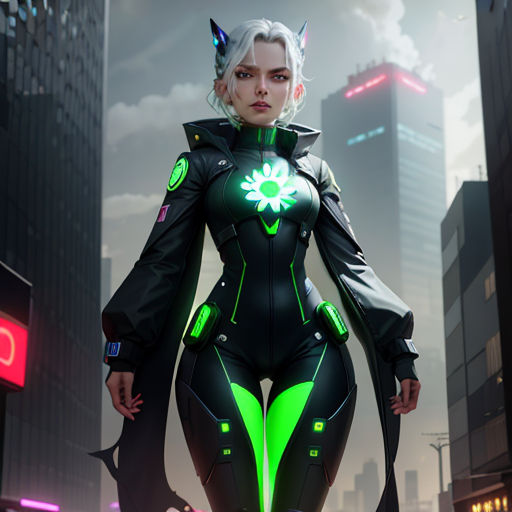 a woman in a futuristic suit standing in a city street at night with neon lights on her body and a demon like head