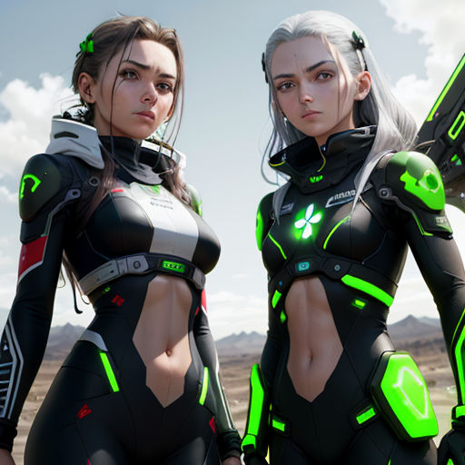 two women in futuristic outfits holding guns in a desert area with a sky background and clouds in the background