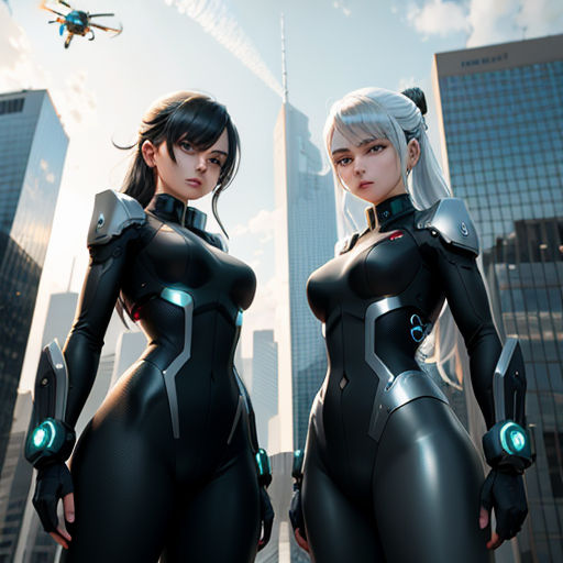 two women in futuristic outfits standing in front of a city skyline with a helicopter flying overhead in the sky