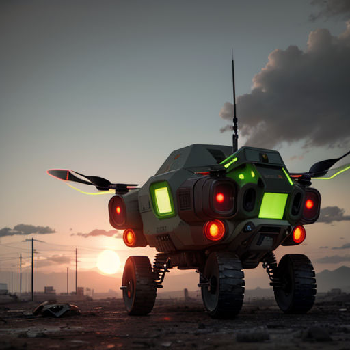 a futuristic vehicle with lights on in the desert at sunset or dawn with a sky background and clouds in the distance