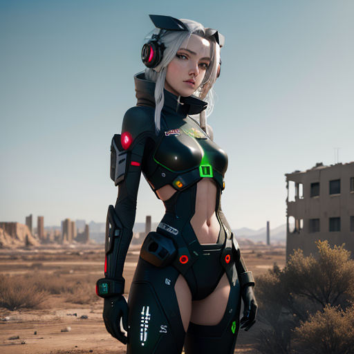 a woman in a futuristic suit standing in the desert with a building in the background and a red light on her chest