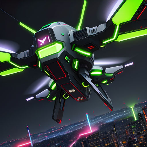 a futuristic flying object with neon lights in the dark sky above a city at night time with a city skyline in the background