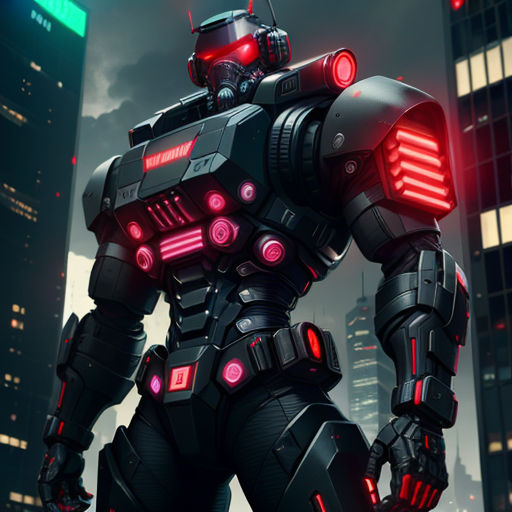 a robot standing in front of a city at night with red lights on his chest and arms outstretched, with a city in the background
