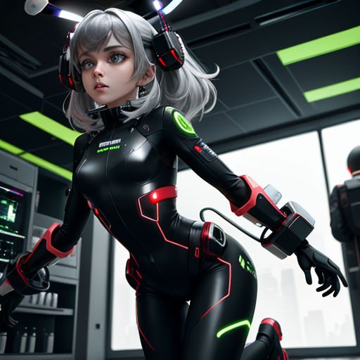 a woman in a futuristic suit is standing in a room with a robot on her back and a man in the background