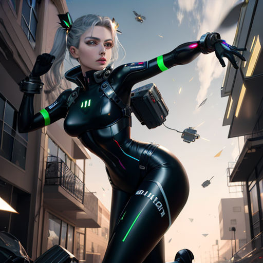 a woman in a futuristic suit is flying through the air with a suitcase in her hand and a gun in her other hand