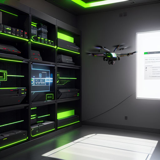 a room with a large display of electronic equipment and a flying object in the air above it, and a large screen with a message on it