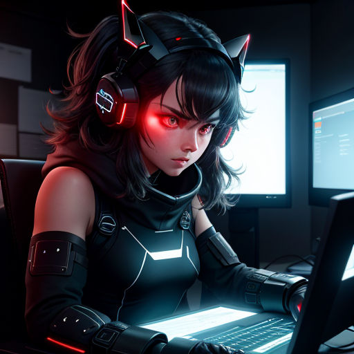 a woman in a cat suit is using a laptop computer with headphones on her ears and a cat ears on her head