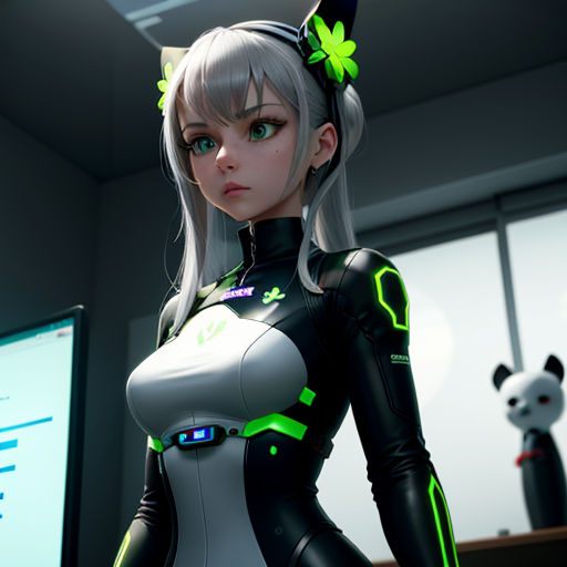 a woman in a futuristic suit standing in front of a computer screen with a panda bear on it's back