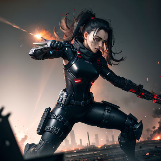a woman in a futuristic suit holding a gun in a cityscape with flames in the background and a building